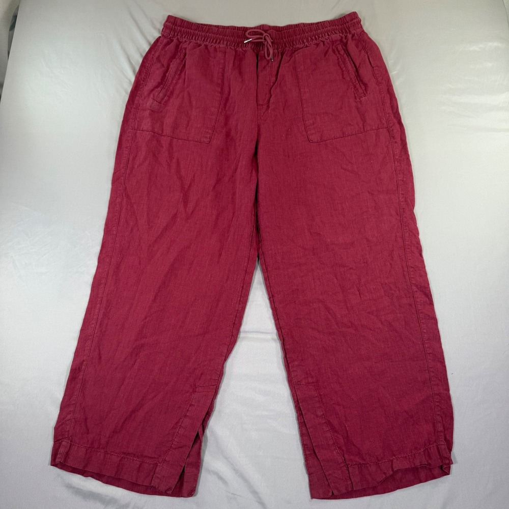 Athleta 100% Linen Wide Leg Crop Pants Drawstring Pockets Size 18 Flaw